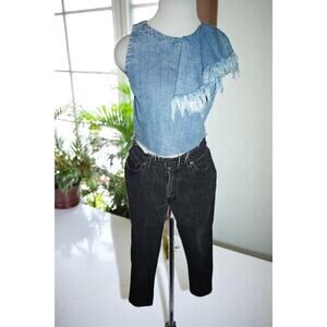 Zara Trafaluc Denimwear Frayed Ruffle Denim Crop Top XS Cotton Fringe Western